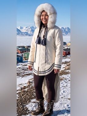 Custom Made Iqaluit Nunavut Arctic Parka • Fox Fur Trim • Cream & Navy Size L